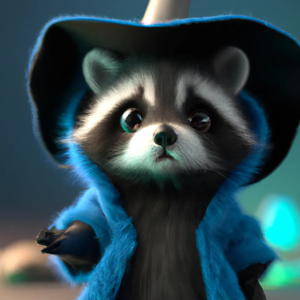 Prompt: high quality 3 d render very cute fluffy! raccoon, blue wizard robes and hat, vray smooth, in the style of pixar, dramatic light, low angle, uhd 8 k, sharp focus, dungeon master, dungeons and dragons, cute, adorable, pixar, disney, concept art, animation