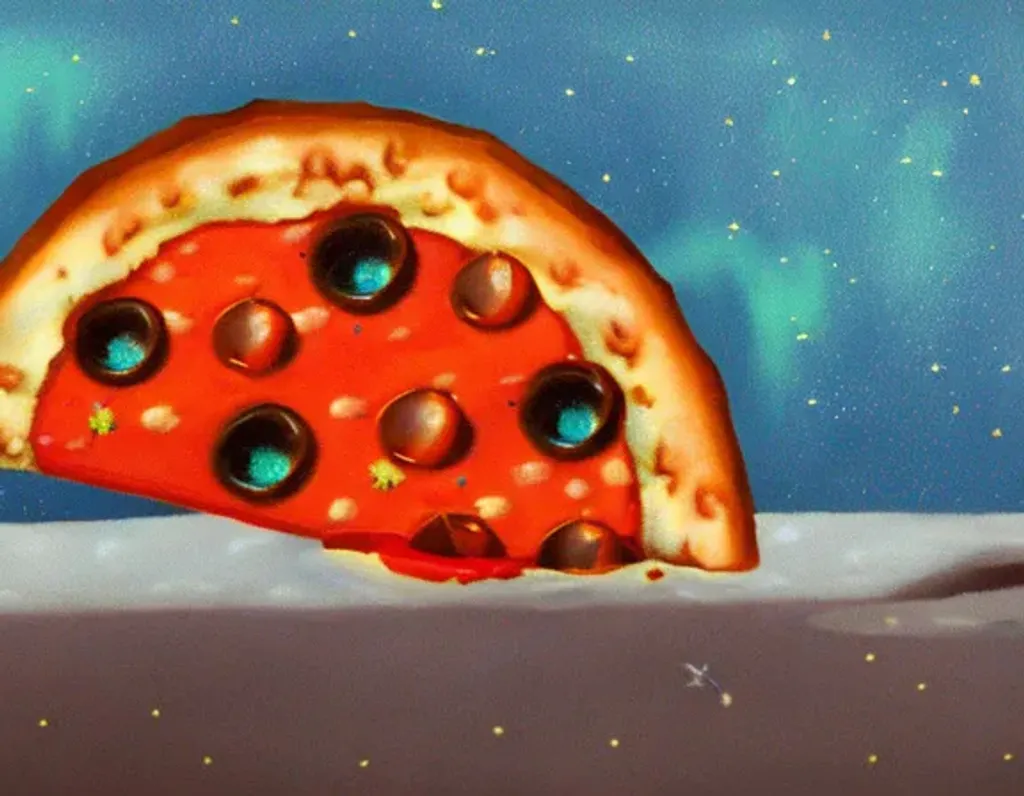 Prompt: Oil painting of a cosy vintage tiny cute food, pizza slice, staring at the stars on an icy planet, octane render by weta digital, exotic colorful pastel, ray traced lighting and reflections by Yoji Shinkawa
  
  