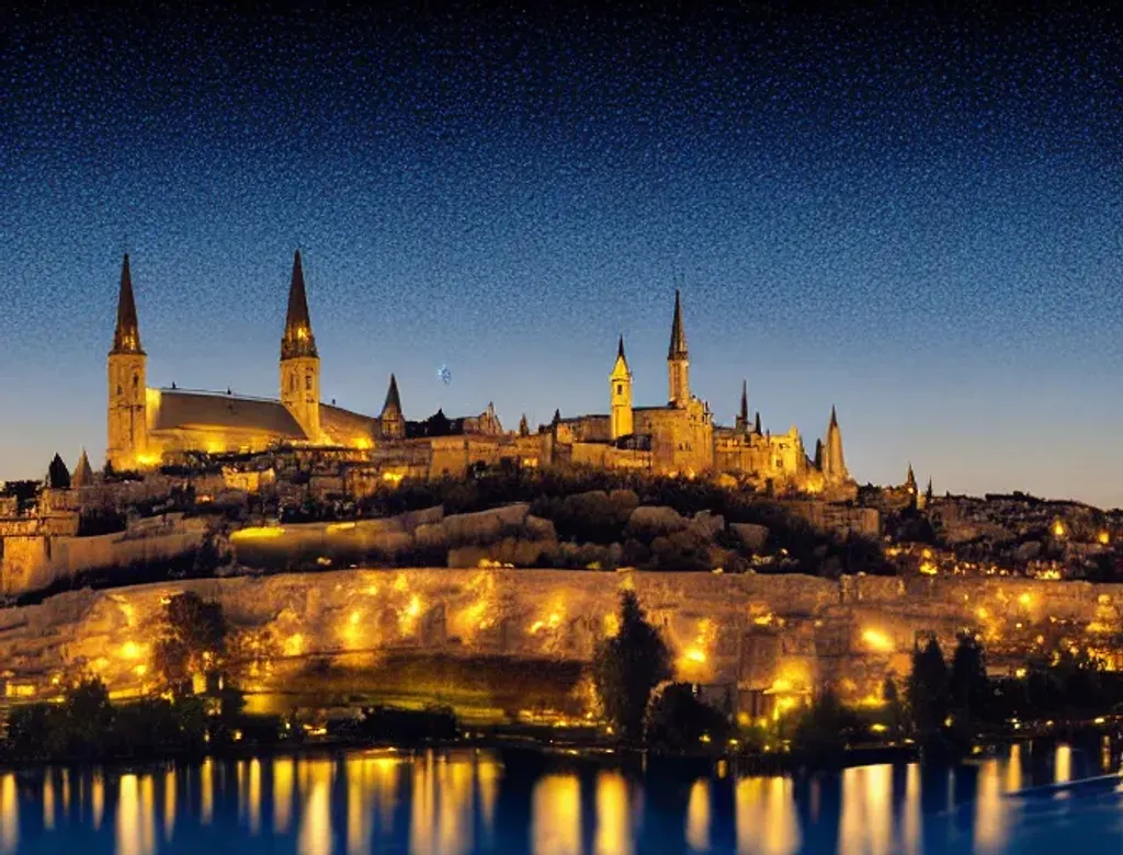 Prompt: A  digital art nighttime landscape of a gigantic white medieval city filled with spires that soar high into the air. A solid white stone wall surrounds the entire city. Beside the city is a sparkling lake, on the other side a flat green plain. The dark blue sky overhead is filled stars and a single crescent moon. High resolution. HDR. Natural lighting.