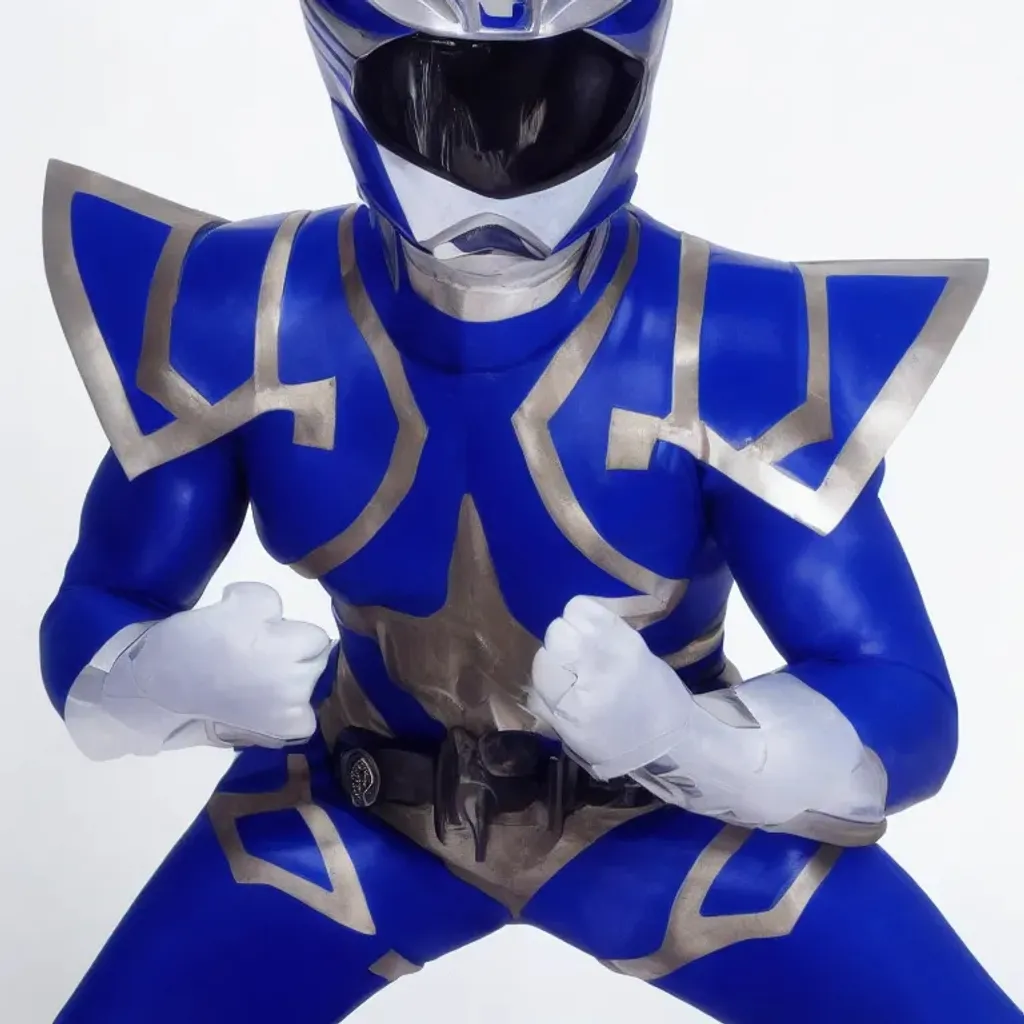 Prompt: the blue power ranger  in a fighting stance looking towards the viewer . 