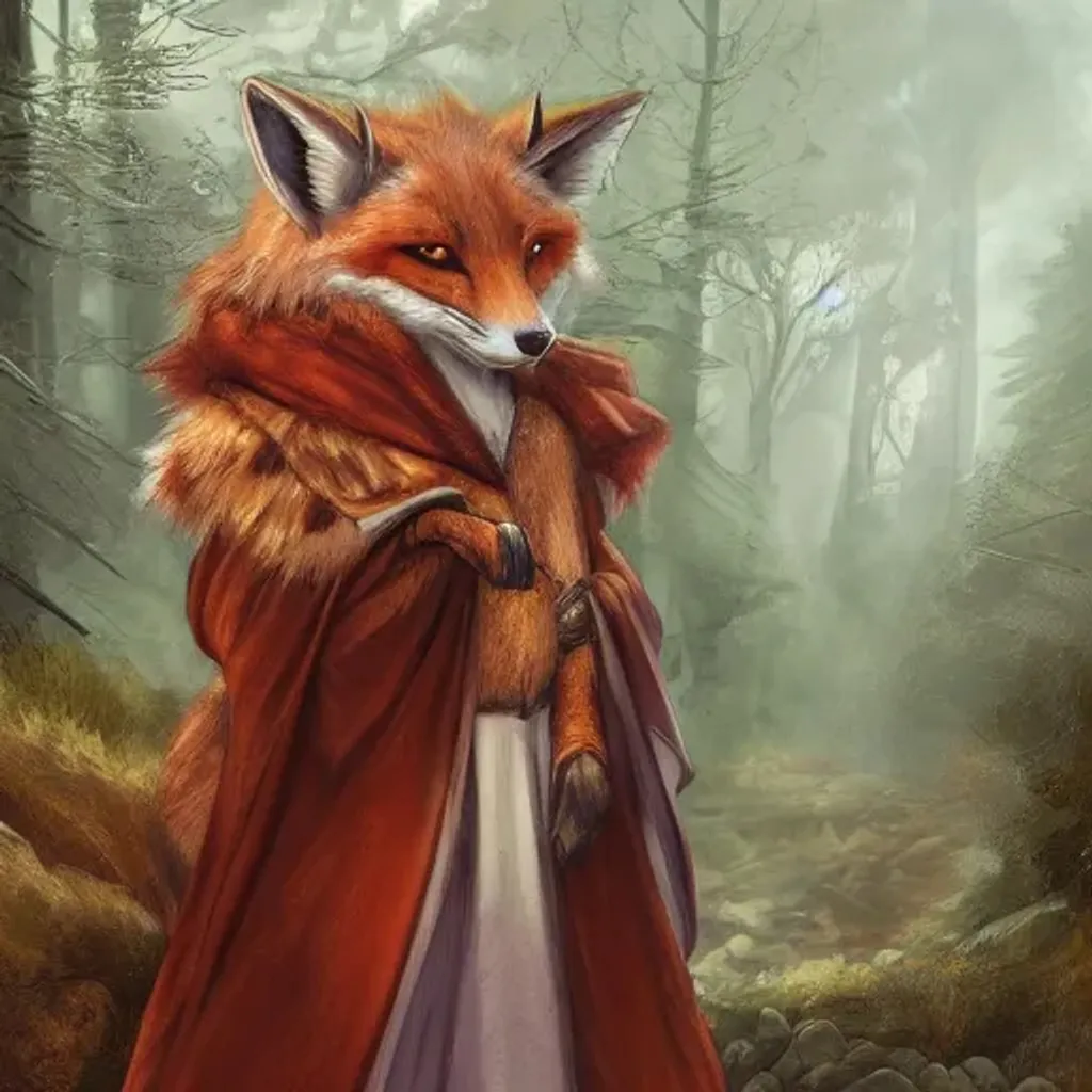 Prompt: detailed fantasy concept art of a fox mage in flowing robes, traditional fantasy realism, anthro, animal portrait, highly detailed eyes, whiskers, furry ears, werefox, centered, mossy forest in the background, trees nearby, professional, detailed background