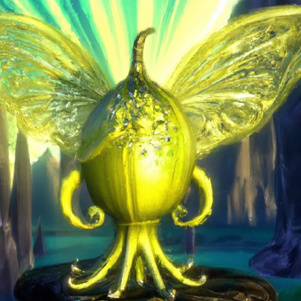 Prompt: A spectacular 3D render of a cybergenetical, hellish, Cthulhu, Fabergé lemon with wings, that poses in front of a captivating fairyscape. Suspicious rays of light, skeumorphism, ultra high quality, unreal engine, super realism, shot on Nikon AF-S Nikkor 120mm, H.R. Giger, John Atkinson Grimshaw, M.C. Esher, Artstation.

