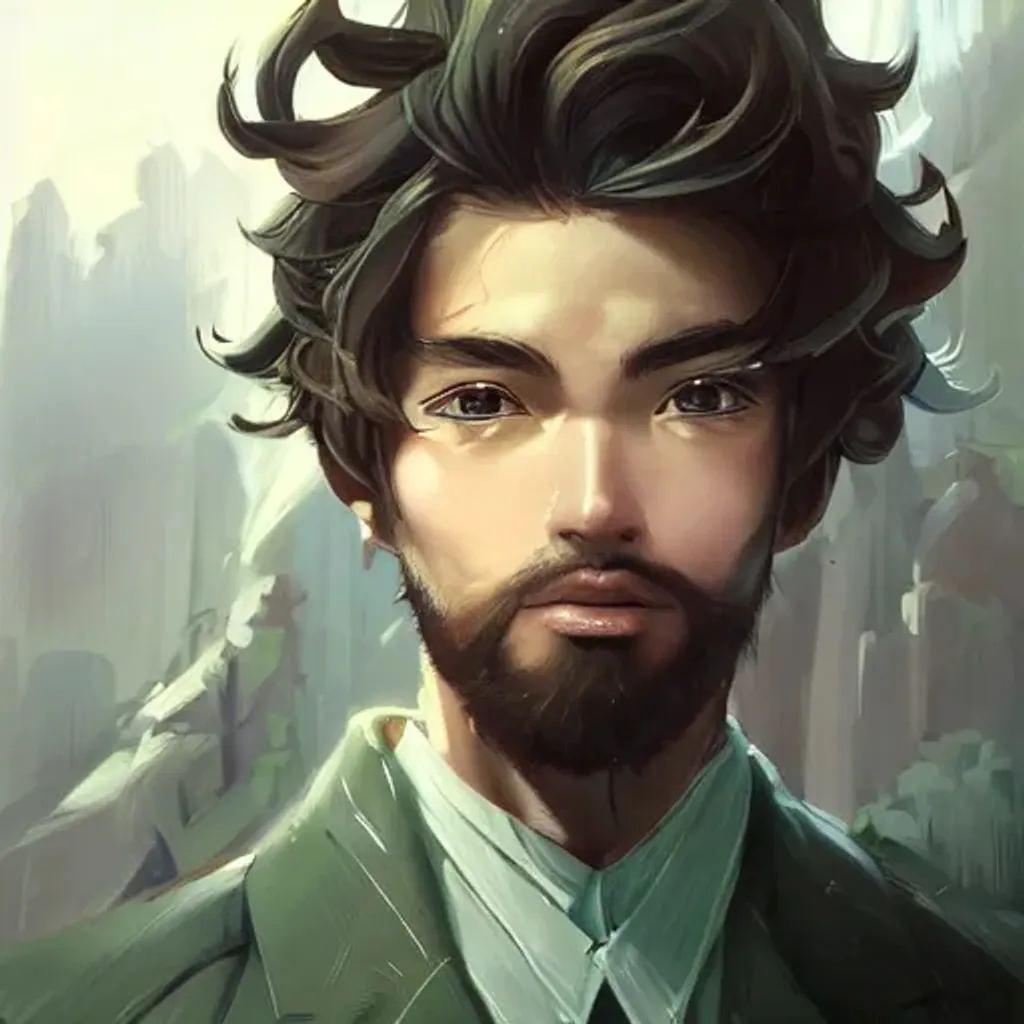 Prompt: Closeup portrait of a man With Big Dreamy Brown eyes, anime wide eyes, Beautiful Smooth Skin, Green Suit, beautiful Intricate Beard, Symmetrical, Soft Lighting  detailed face, by leiji matsumoto, stanley artgerm lau, wlop, rossdraws, concept art, digital painting, looking into camera, pillars and ruins in the distance