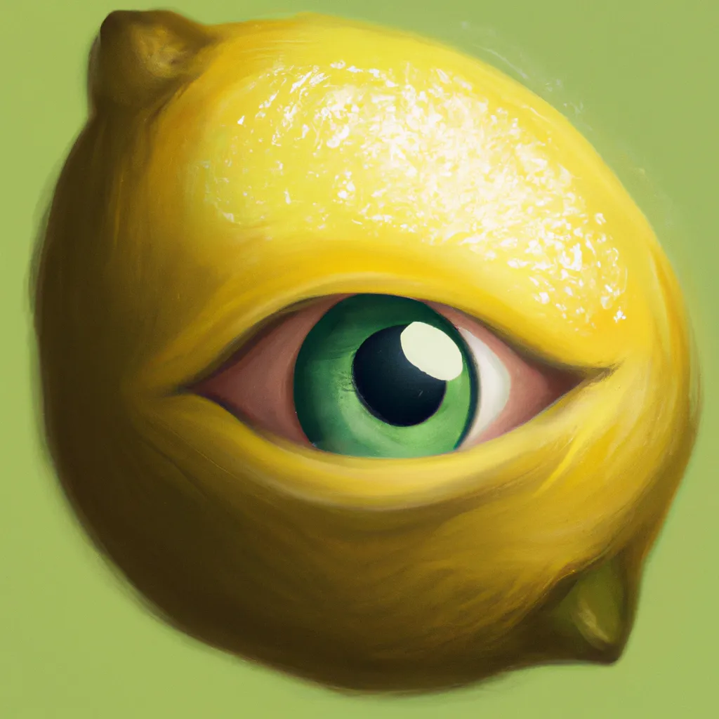 Prompt: a lemon looking at you menacingly, the all seeing eye is a lemon, the pupil is a vertical lemon, digital art, trending on artstation