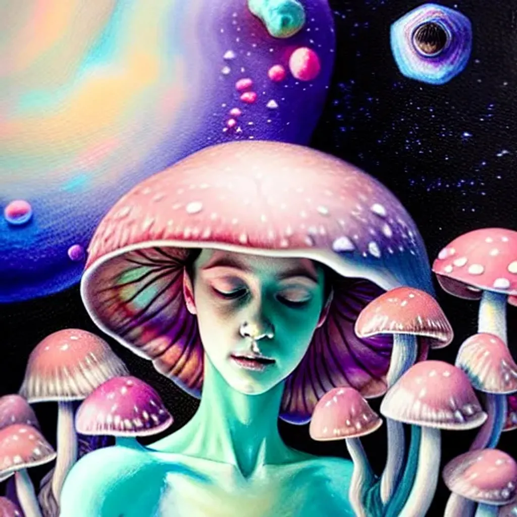 Prompt: Pastel painting by Ryan Hewett, A Beautiful mushroom mermaid, detailed eyes, realistic features, underwater, hq, fungi, celestial, moon, galaxy, stars, victo ngai, fungi, celestial, Ryan Hewett 