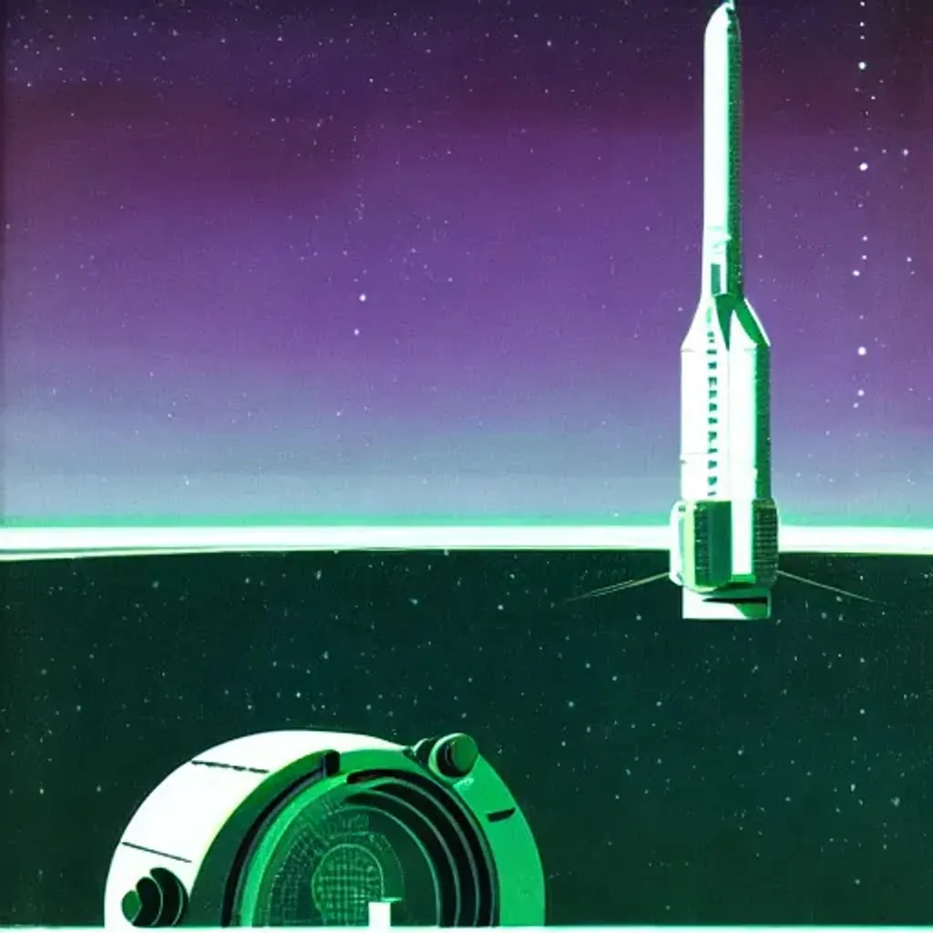 Prompt: distance shot of retro space station, centered in frame, dean ellis art style, green