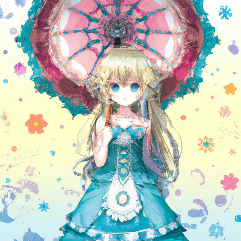 Prompt: anime key visual, cute girl in ornate dress holding parasole