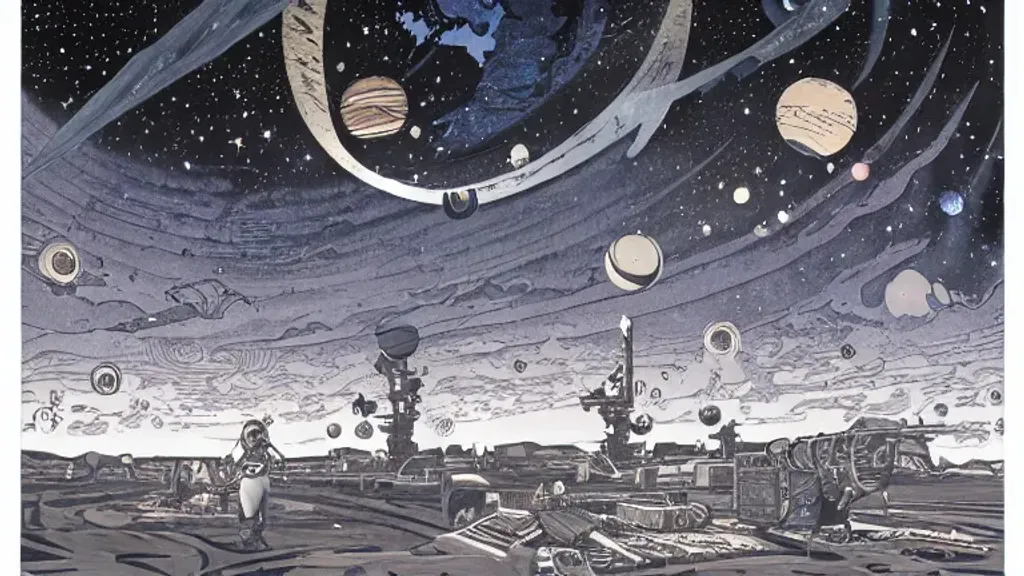 Prompt: a majestic alchemist night sky with planets a nd galaxies, two point perspective, high details, bold line art, by vincent di fate and joe fenton, inking, etching, screen print, masterpiece, trending on artstation, sharp, high contrast, hyper - detailed,, hd, 4 k, 8 k