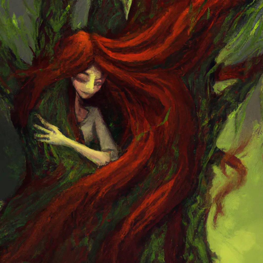 Red haired Dryad in a willow tree, digital art, Greg... | OpenArt