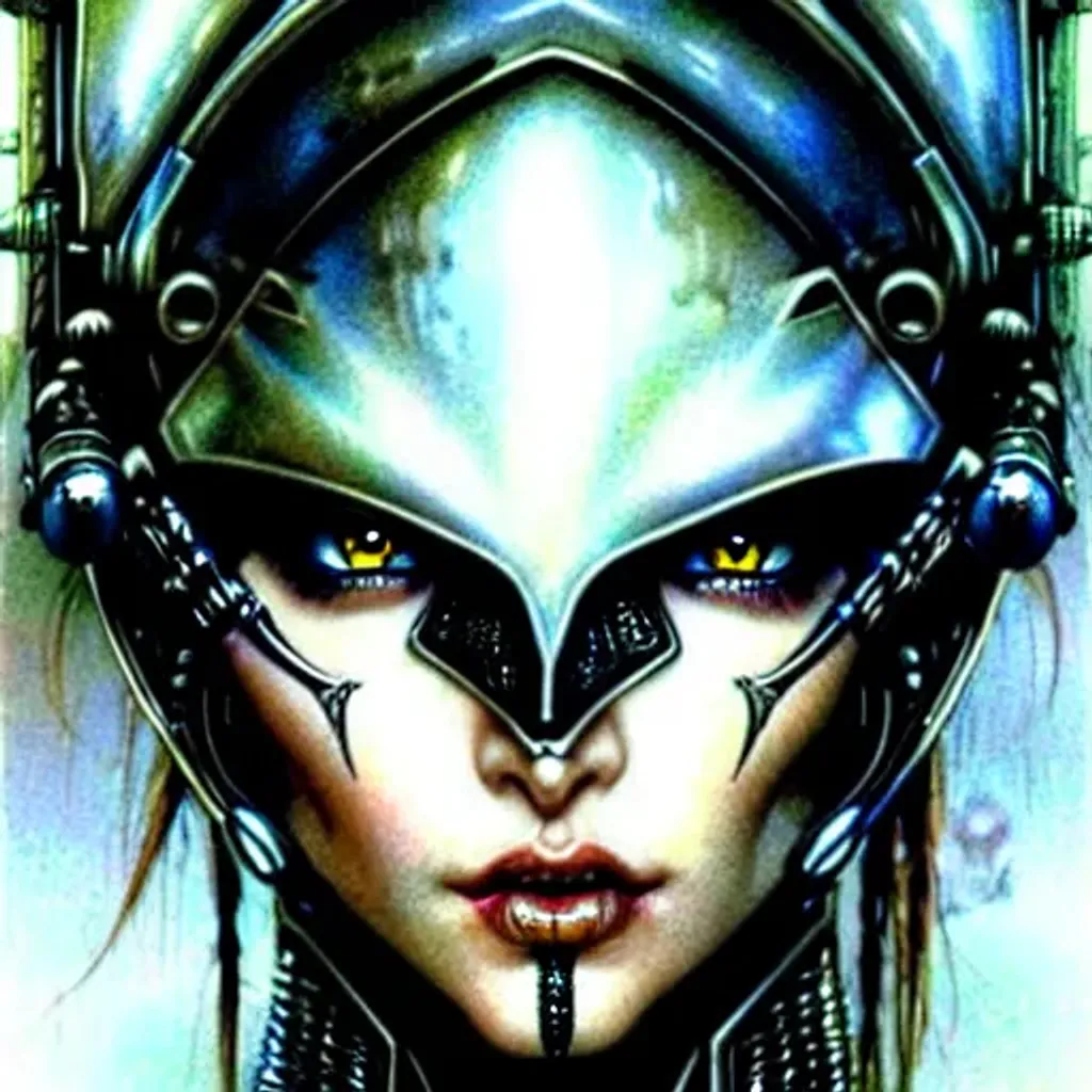 Prompt: realistic detailed pretty face and eyes of a beautiful futuristic female warrior in alien cyberpunk armor, feminine, heavy metal art, neo - gothic, gothic, character concept design, art by luis royo