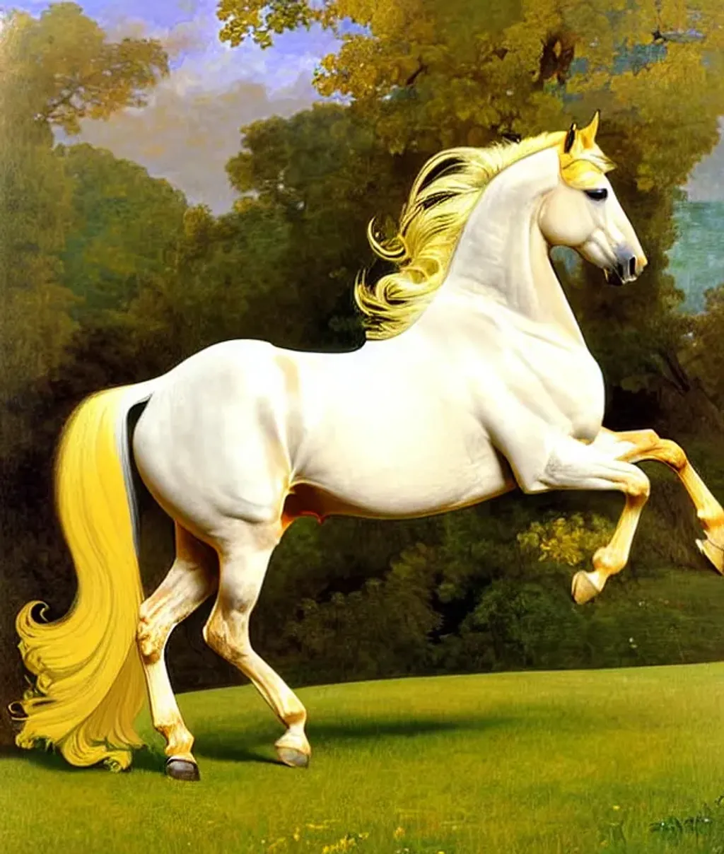 Prompt: digital painting of a horse, by George Stubbs, Creamy white horse with golden auburn main and tail, blues, greens, yellows, golds, Alphonse Mucha