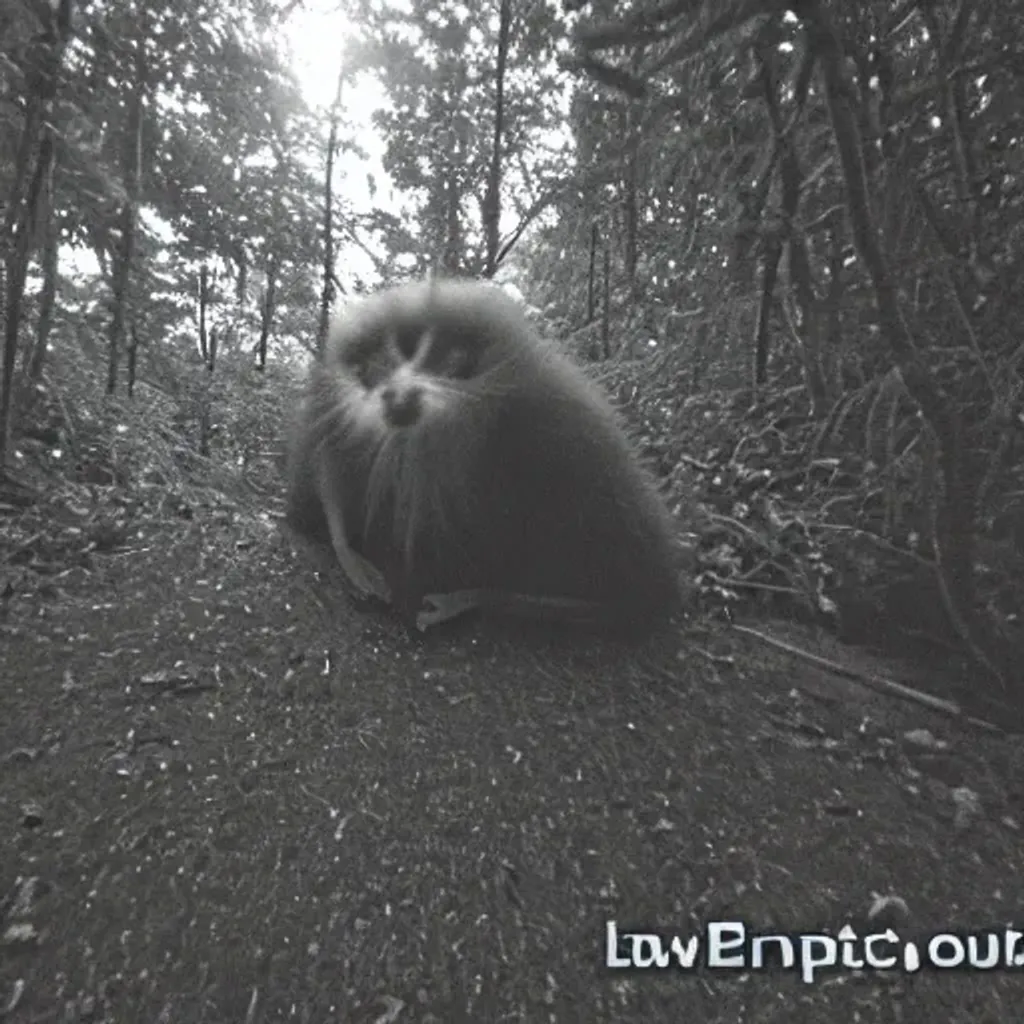 Prompt: unknown creature caught on a trail camera at night