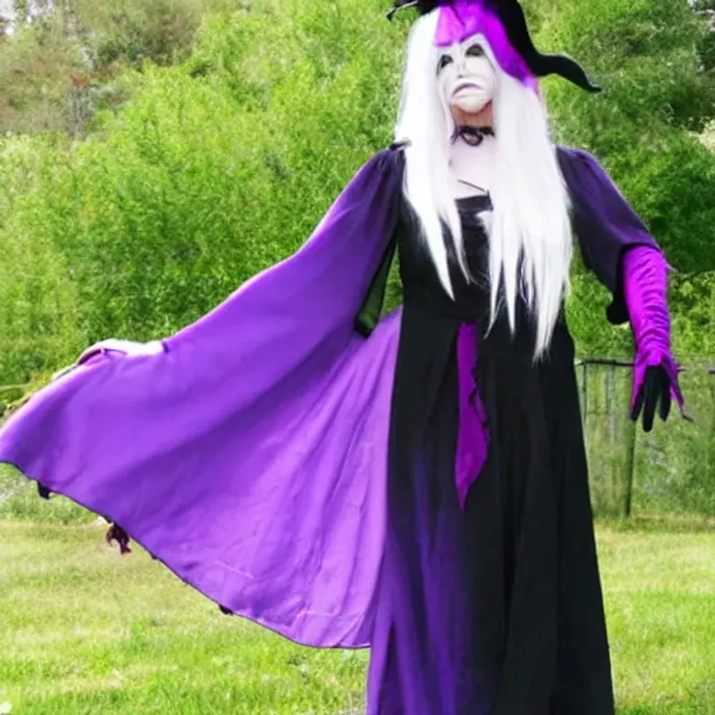 Prompt: A witch with long purple dress, white hair, neotenic eyes, invocation, sign of the horns, cosplay 