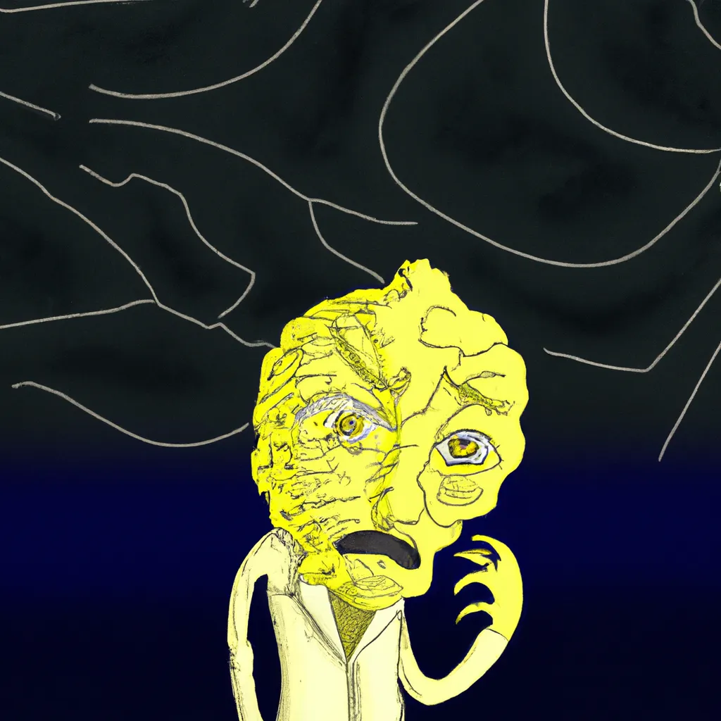 Prompt: the most enigmatic lemon person ever, 8k, intricate, very detailed, darkness, lightnings from the dark sky behind him