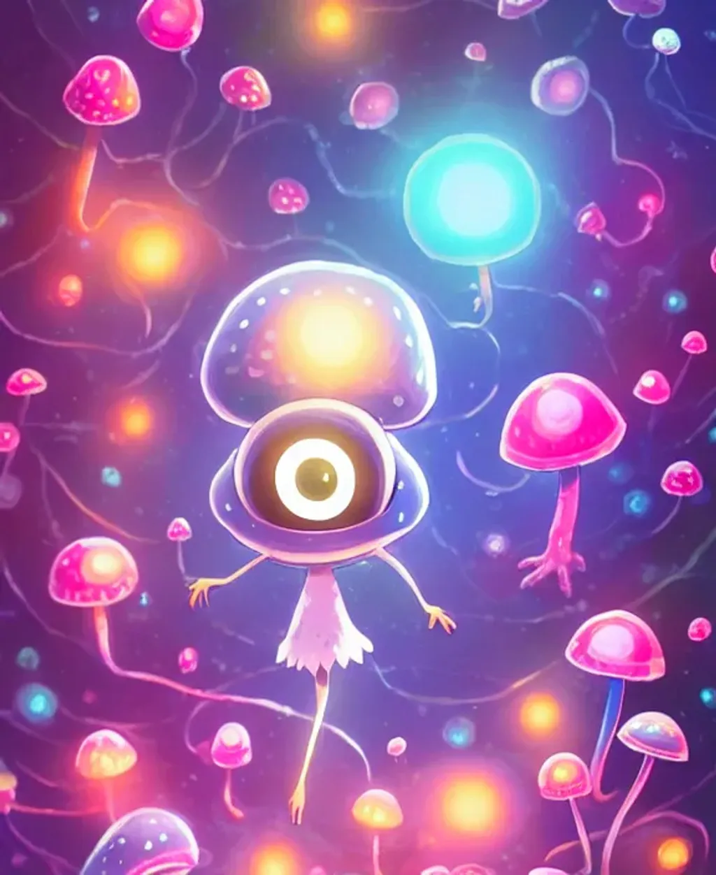 Prompt: a cute kawaii mushroom creature, large adorable anime eyes, concept character art, bokeh effect, magical lighting, weed, lsd, beautiful glowing lights, bio-luminescence, sci - fi, stunning, intricate. highly detailed, digital painting, 32k poster art, trending on artstation. smooth. sharp focus. professional award-winning illustration by pixar, luke chueh, matt dangler, artgerm, greg rutkowski, dan mumford