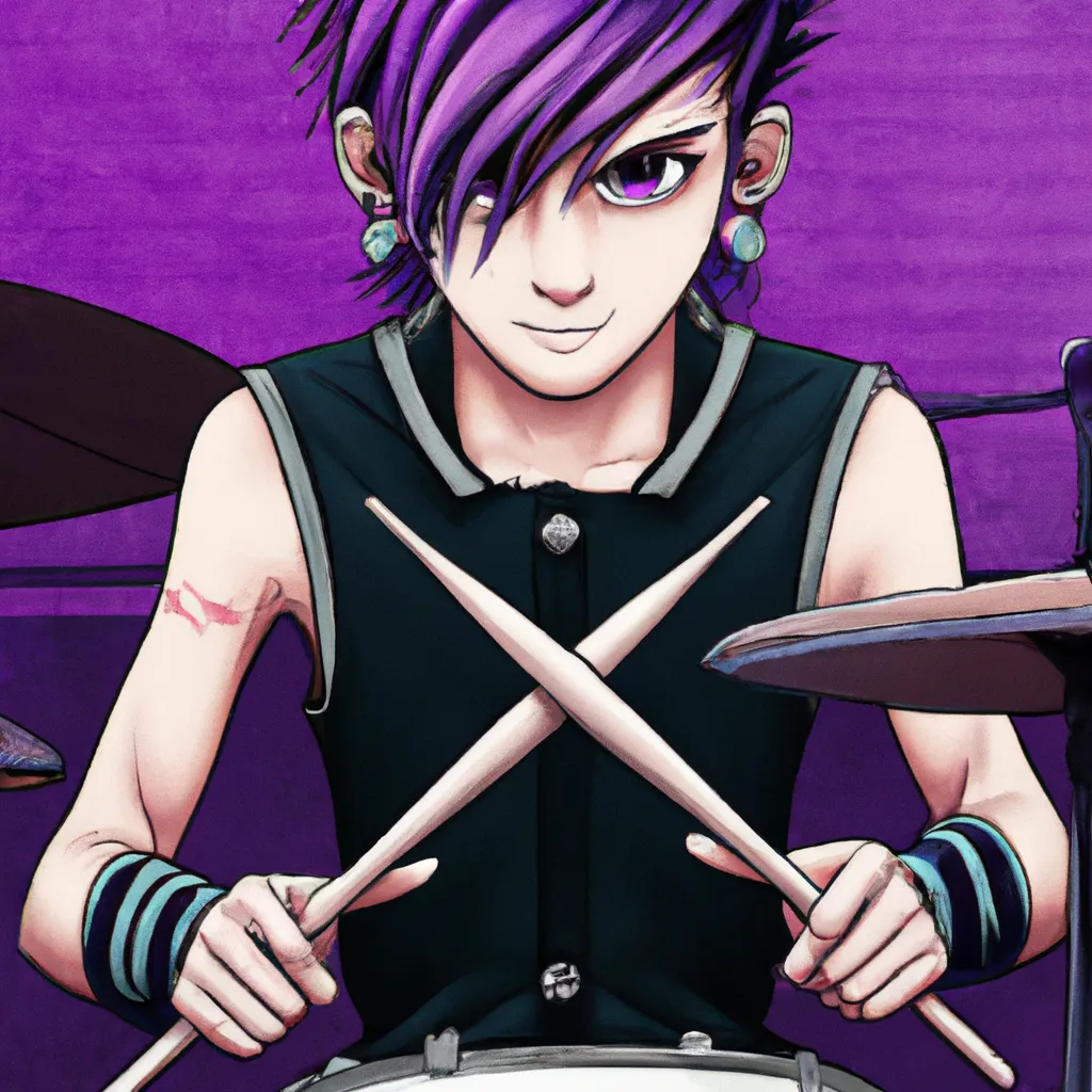 anime boy, short undercut purple/black hair, tan ski