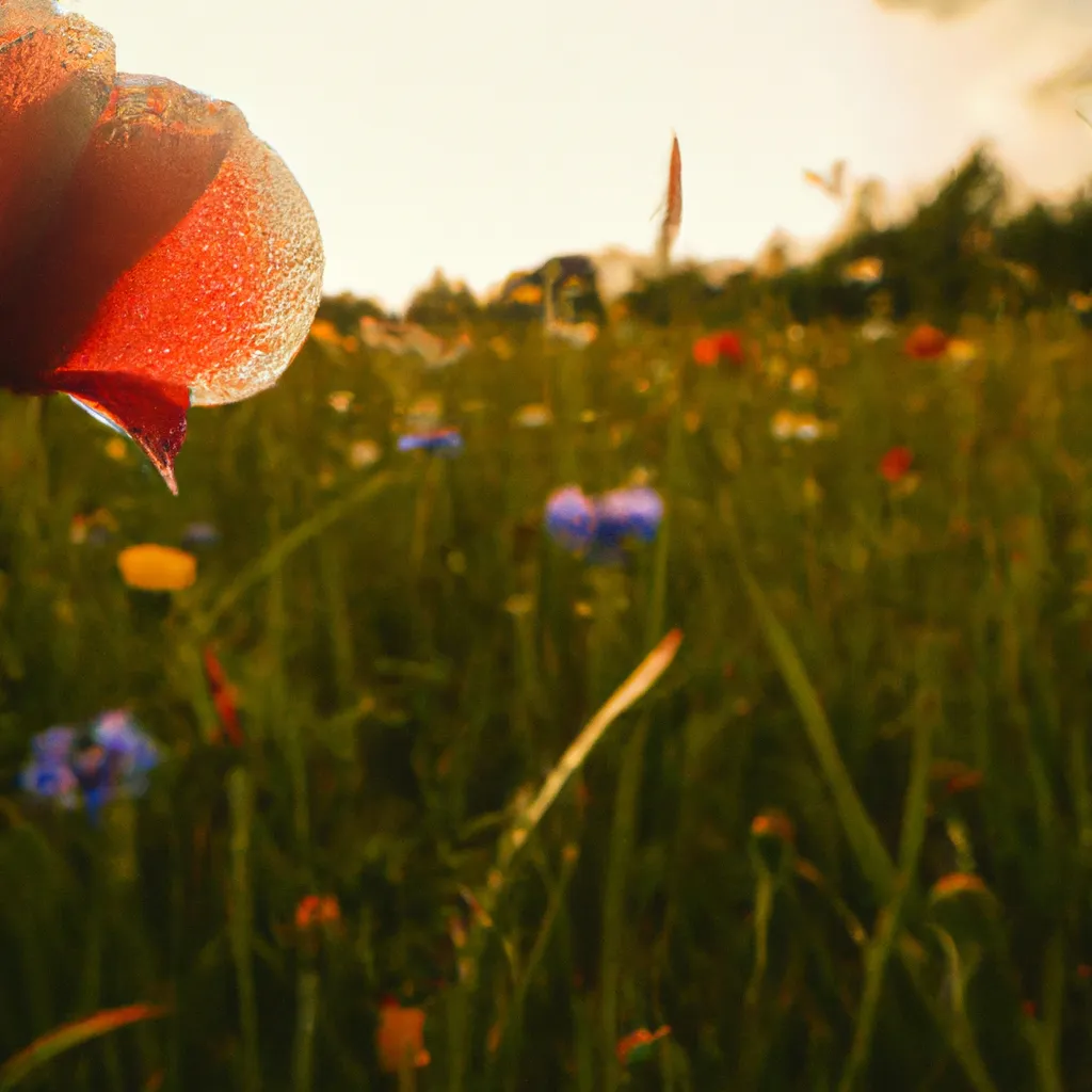 Prompt: A red flower in a field with blue flowers, Bokeh, Golden Hour, Camcorder Effect, Ultra-Wide Angle, Lens Flare, Colorful, Light Mode, Excited