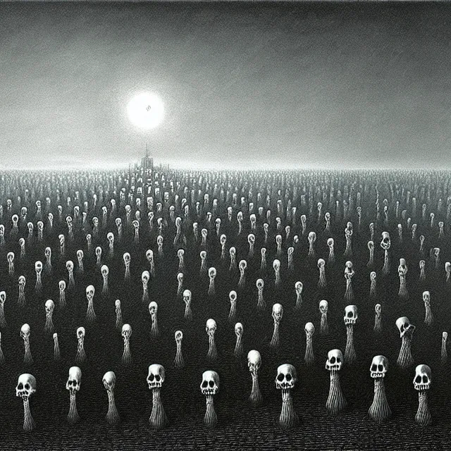 Graveyard with many skeletons, art by Zdzisław Beksi... | OpenArt