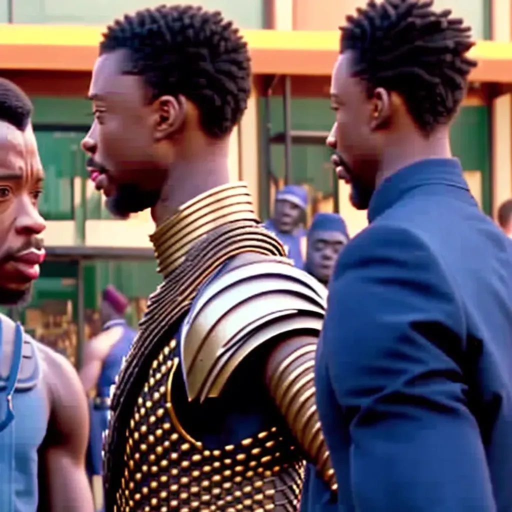 Prompt: King T’challa from Wakanda meets prince Akim of Zamunda in front of a McDowell’s restaurant, 80mm lens, over the shoulder point of view, photograph, film, video camera, realistic, highly detailed