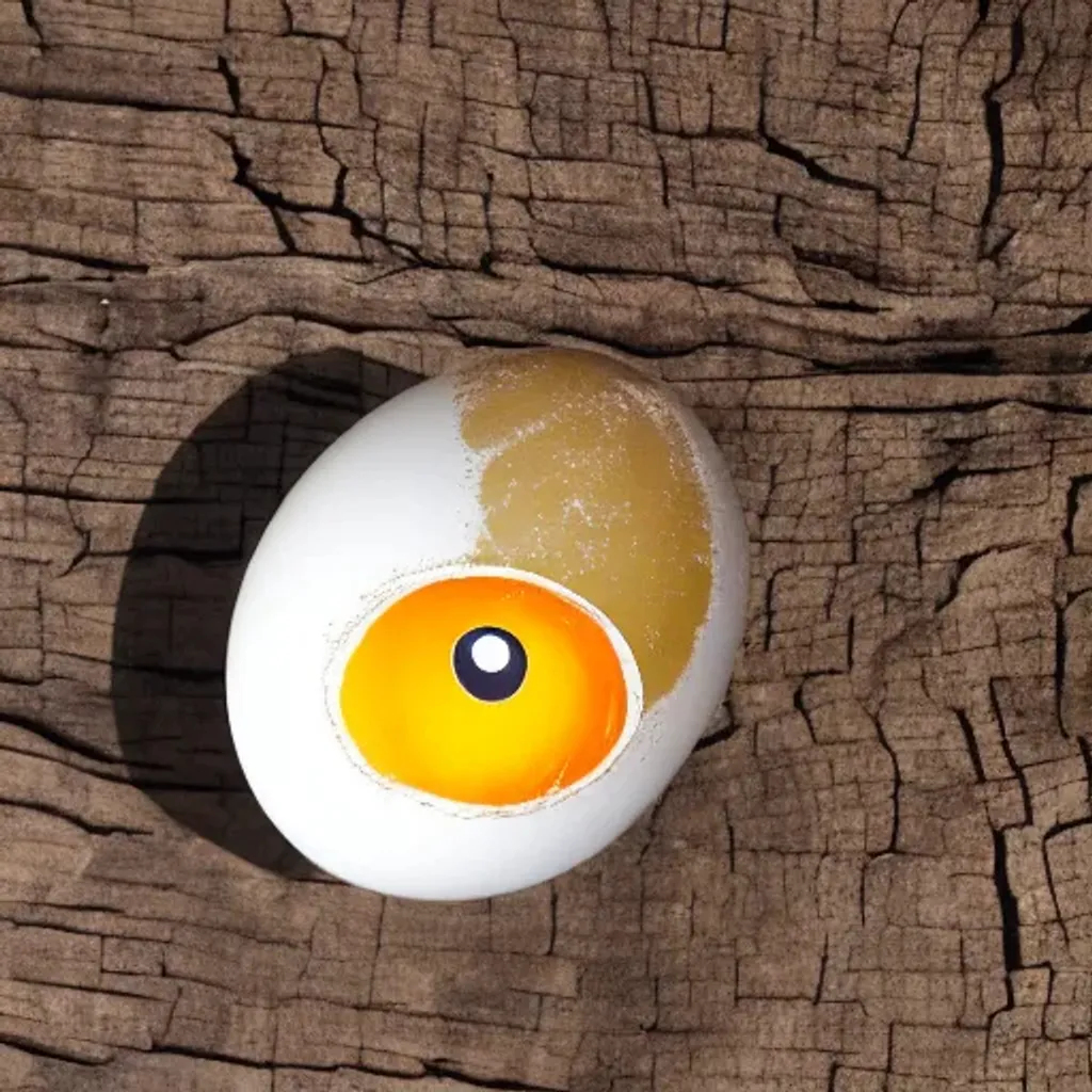 Prompt: Yellow Eye Egg. Halloween Smile. on wooden bench. sun fractal lighting. Liminal Space.