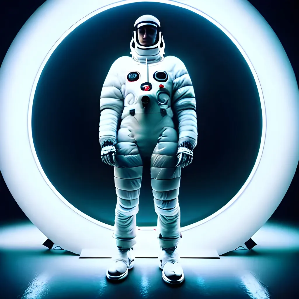 Prompt: Moody Portrait of a white Futuristic Cyberpunk Space Suit,facing towards the camera with swagger,Cinematic Stanley Kubrick movie still with the iconic big circular ring lights in the background, 8K, digital art, unreal engine 5 render, octane render, photorealistic, photography, professional lighting and composition, award winning, intricate details, iconic movie shot by Stanley Kubrick with ring lights