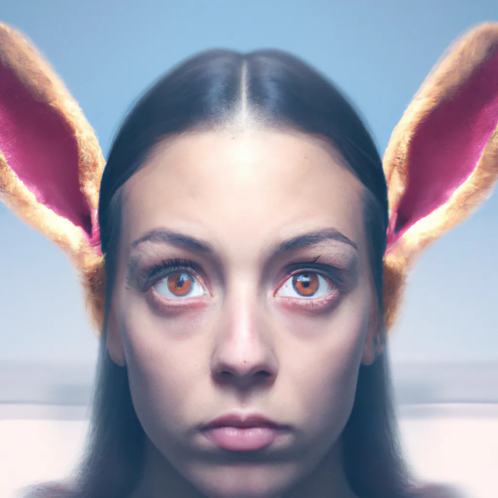 Prompt: A photo of a cute young woman's head combined with a 3D render of a hybrid rabbit head. Epic film poster style.