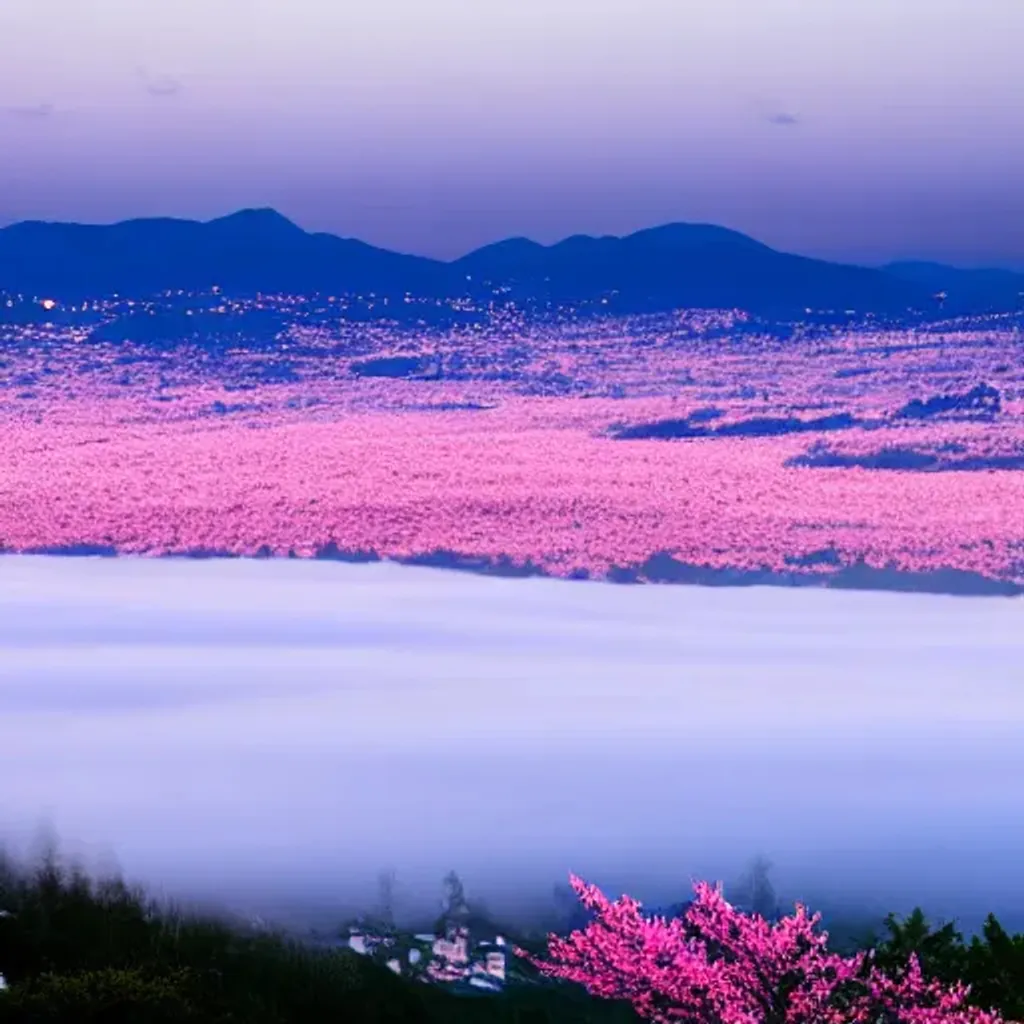 Prompt: mountains and cities covered in cherry blossom, soft light with fog, at night with city and ocean in the distance