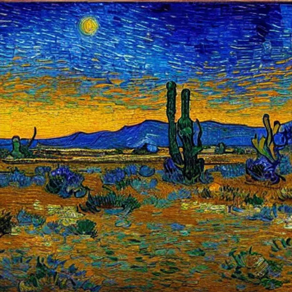 Prompt: a painting of a lost place in the desert during the sunset in van gogh style