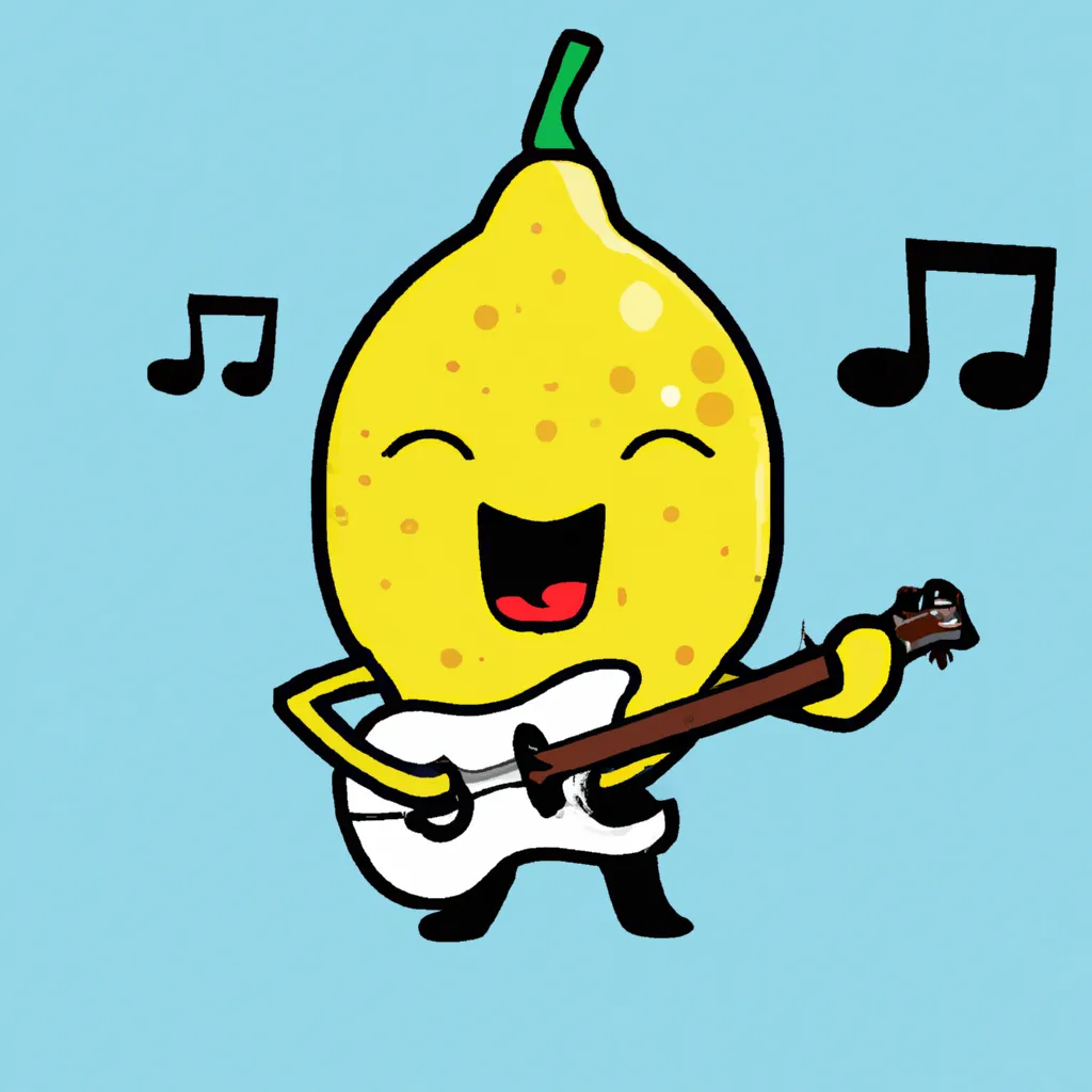 Prompt: a cute, happy, kawaii, cartoon lemon playing an electric guitar