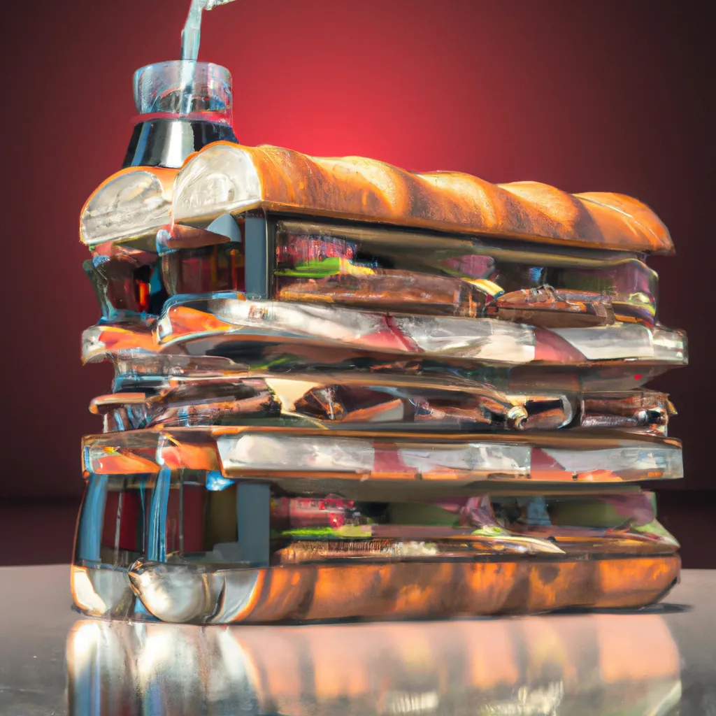 Prompt: A 3d studio photograph of a fantastic Italian panini sandwich with cola on the side, dynamic, symmetric,  fantasy, isometric view, extreme closeup, centered, crystal clear sharp focus and high contrast. Ultra realistic, trending on Artstation, octane render, Cinema 4D, Houdini, Maya, blender, Deviantart, Unsplash,  Pixiv