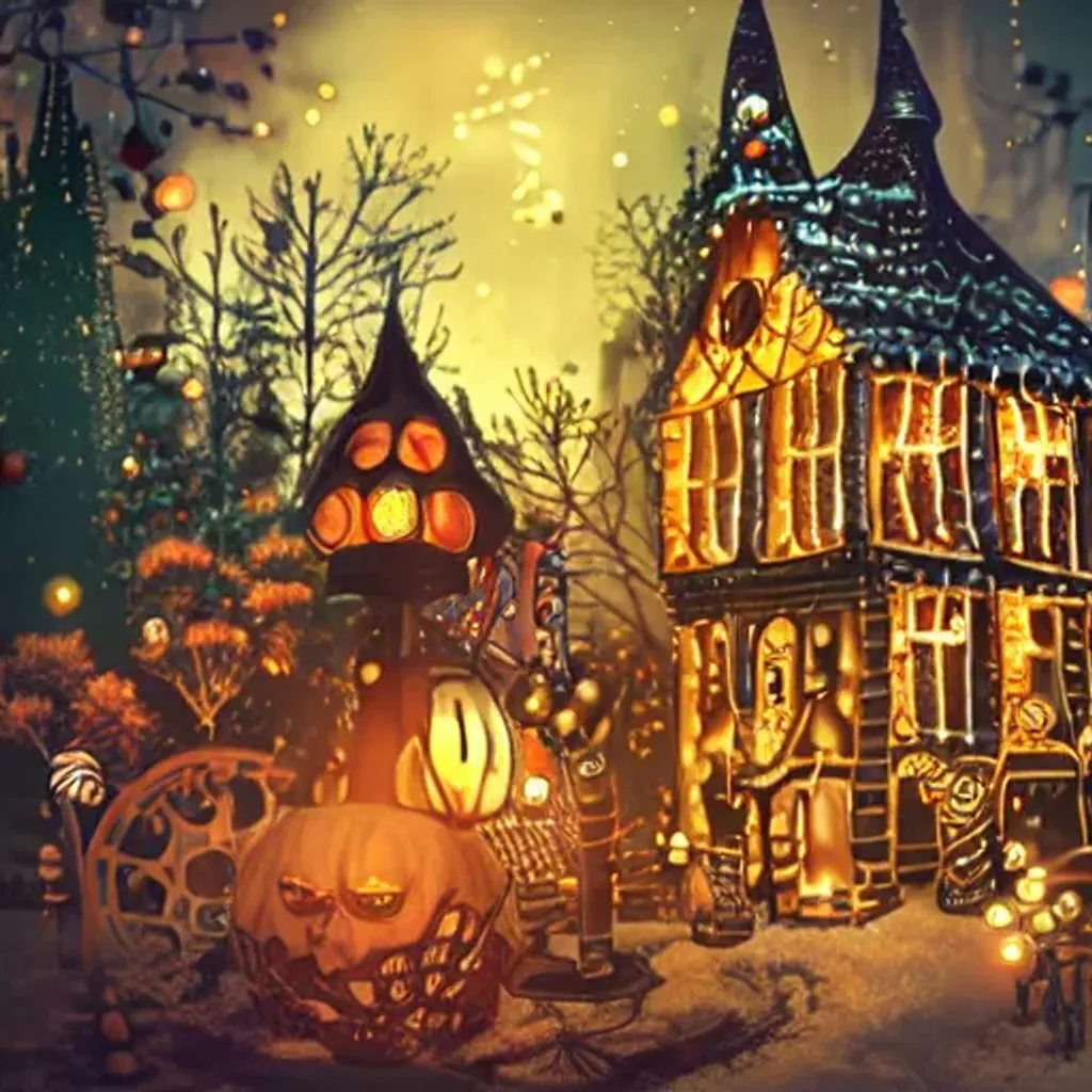 Prompt: gingerbread candy village, steampunk, cinematic scene, art deco, studio lighting, robot, colorful, inspectorcore, fantasy, fairytale, intricate, forest, fireflies, flowers, halloween, christmas, hansel and gretel, background blur, bokeh, medium shot, visually stunning, matte painting, concept art, trending on artstation, artgerm, cgsociety
