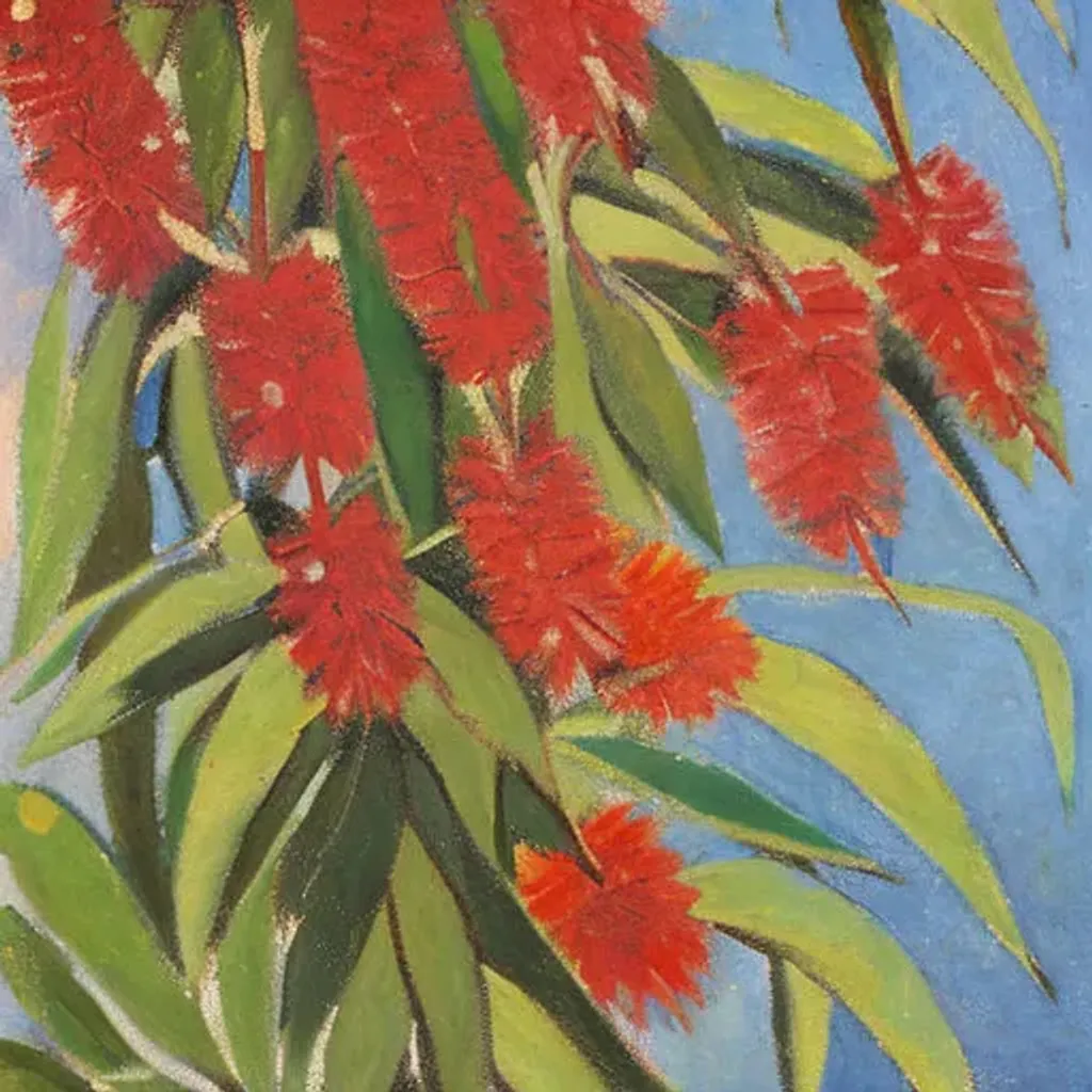 Prompt: An oil painting of Callistemon flowers, bottlebrush. By [grace cossington smith|Ethel Carrick Fox]