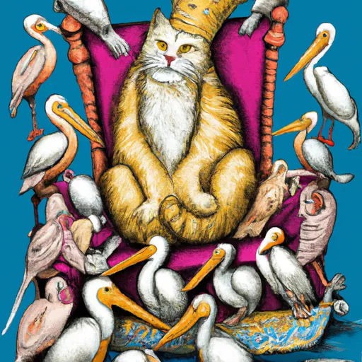 Prompt: a cat emperor on a throne, whose court is filled with pelicans
