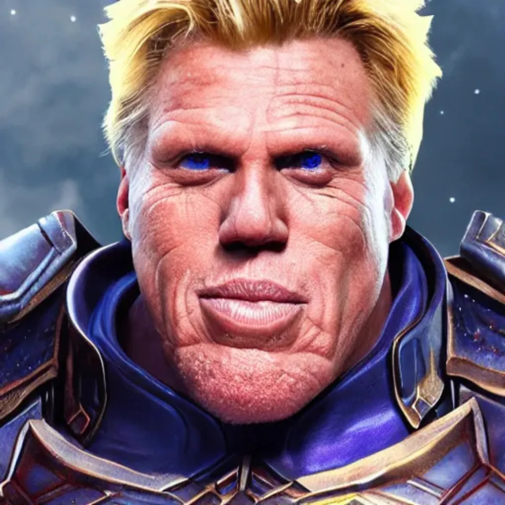 Prompt: Gary busey as Thanos, with jewelry, character art, hyperdetailed, frostbite 3 engine, cryengine, dof, trending on art station 