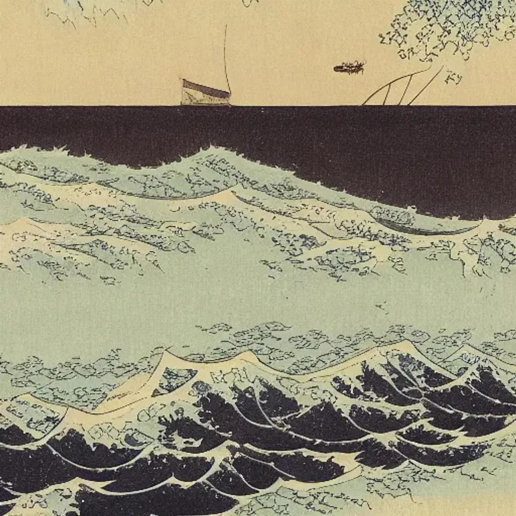 Prompt: Hokusai painting of a ship rusted and broken at the bottom of the sea 