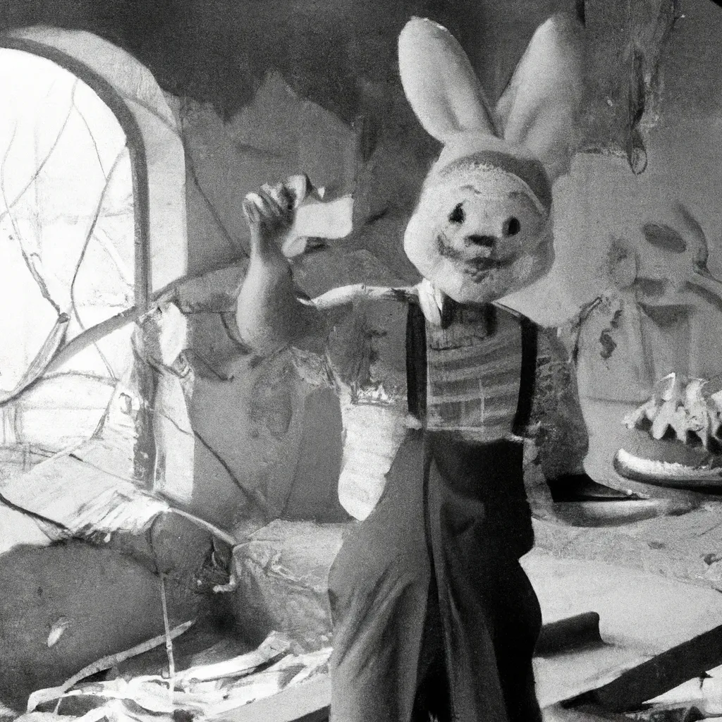 Prompt: A picture of a person in an abandoned building wearing a poorly made rabbit mascot costume waving at the camera while holding a cake, surrounded by bunnies, Polaroid, 1940s