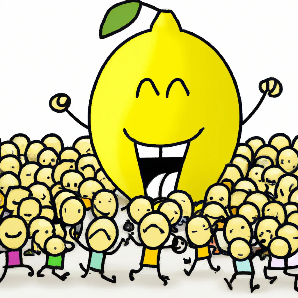 Prompt: Happy Giant Lemon surround by huge crowd of cheering lemon admirers
