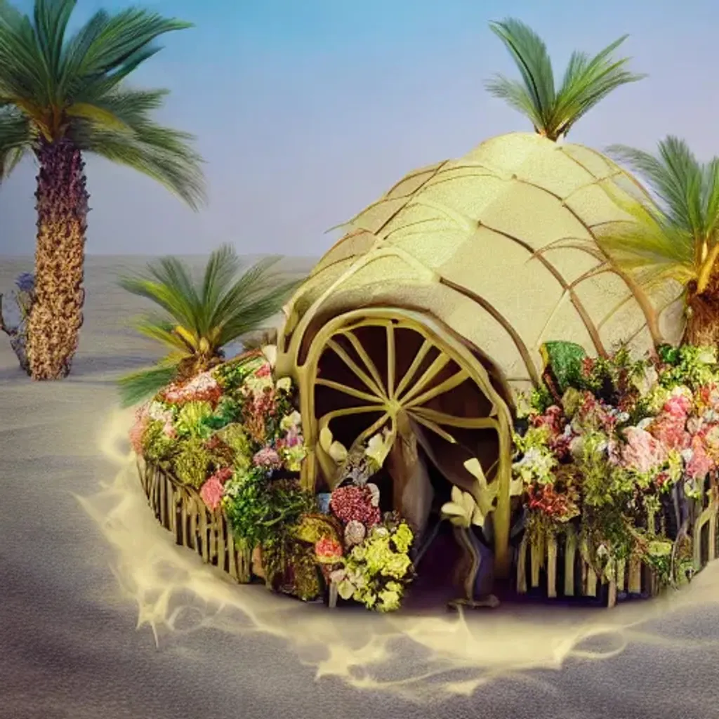 Prompt: Dream within a dream, bunny curly hair, smirking, flower petals floating around her hair, flower crown embroidered in gold, highly detailed, 4k, isometric view of beautiful desert surrounded by palm trees, camels, caravans, cabins, tree house on a cliff, cozy, tropical, cinematic, hot, humid, ultrarealistic, intricate detail, style of Zdzislaw Beksinski