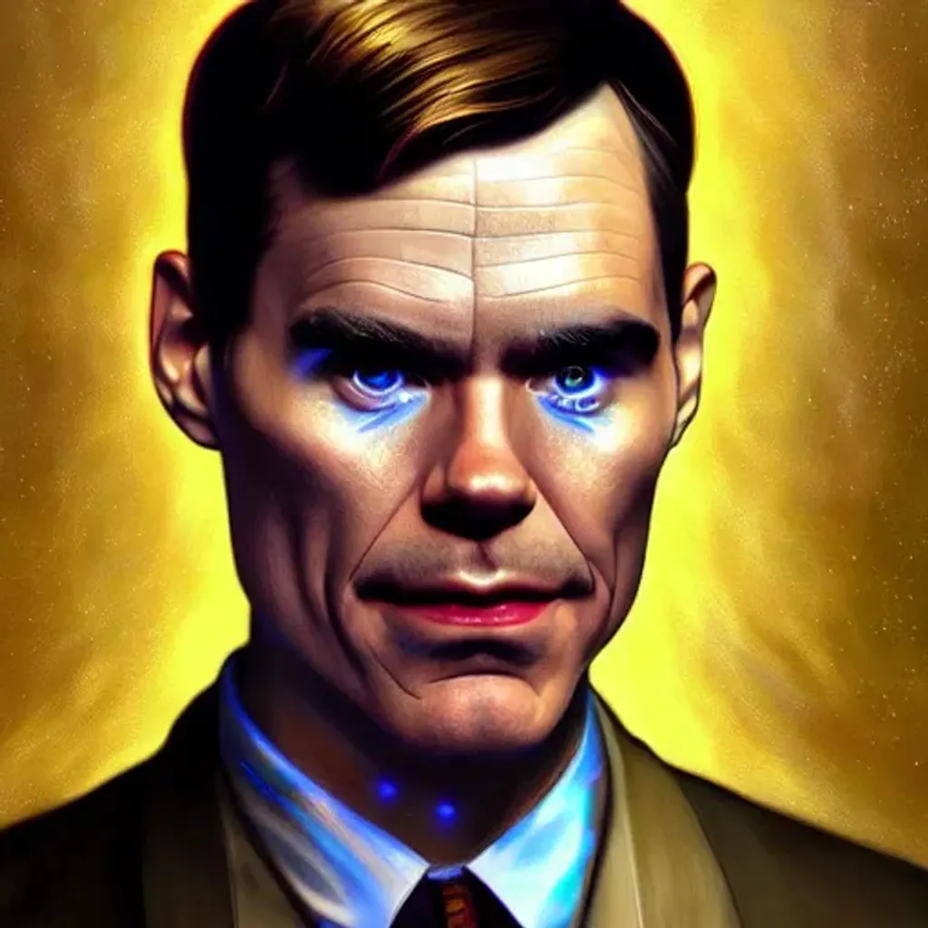 Prompt: portrait mix of cyborg Alan Turing, Jim Carrey and Robert Downey Jr, bearded male, sci - fi, glowing lights!! intricate, elegant, highly detailed, digital painting, unreal engine, artstation, smooth, sharp focus, by artgerm and alphonse mucha, 8 k