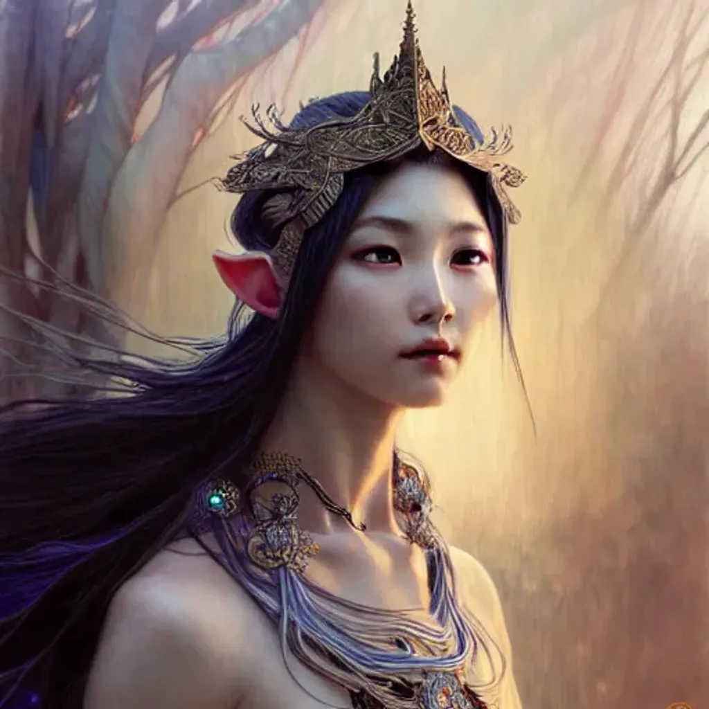 Prompt: Asian elf goddess of thunderstorm, spiritual dancer, silver hair, ice eyes, fair skin, lightly dressed, fantasy, exquisite jewelry, intricate, highly detailed, digital painting, artstation, concept art, smooth, sharp focus, art by Artem Demura and Alphonse Mucha, ArtGerm, valentina remenar