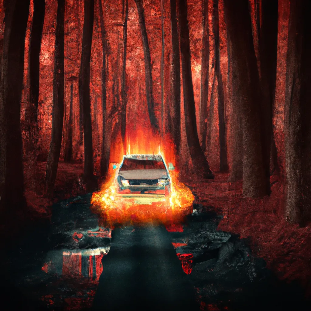 Prompt: a car driving through a forest filled with fire, a matte painting, deviantart, gothic art, disgusted. fear inspiring mood