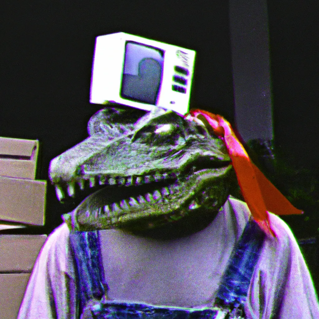 Prompt: A 1993 VHS footage of a guy with a lizard head wearing butcher clothes 