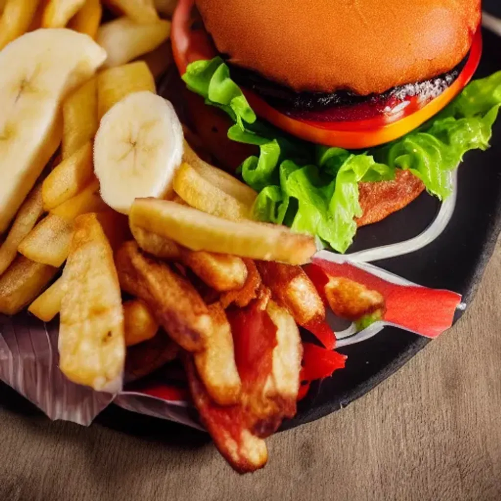 Prompt: High quality photo of a burger with banana shape