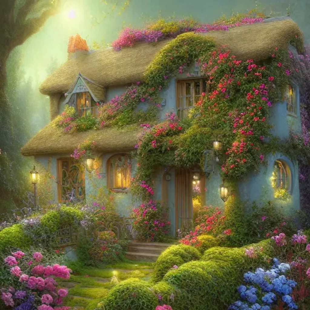 Prompt: a small beautiful cottage in a magical garden, winged angel made of vines and flowers and moss stands in front, a digital painting by thomas canty and thomas kincade and ross tran, art nouveau, atmospheric lighting, trending on artstation