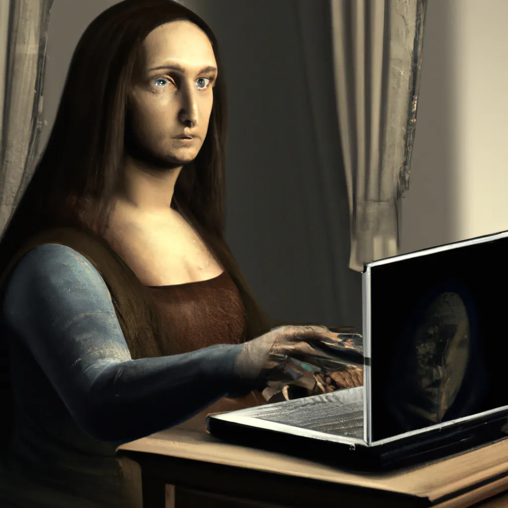 Prompt: Photo of the Mona Lisa working on a laptop, ray tracing, post processing