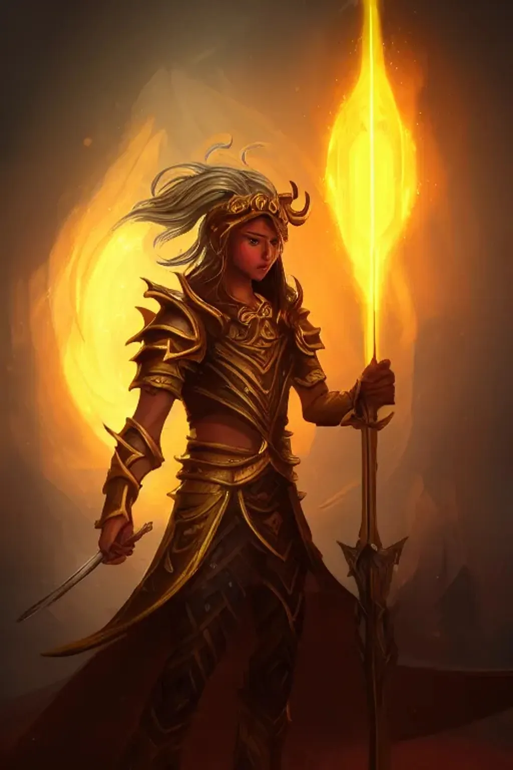 Prompt: a close up of a person with a sword, concept art, inspired by Yang Jin, fantasy art, glowing golden aura, the god poseidon, full portrait of magical knight, hearthstone concept art, golden taurus, fantasy painterly style, completely consisting of fire, magic rune, painted with a thick brush, lina, fantasy character photo, digital art, concept art, by Aleksi Briclot, antipodeans, protogen, league of legends arcane