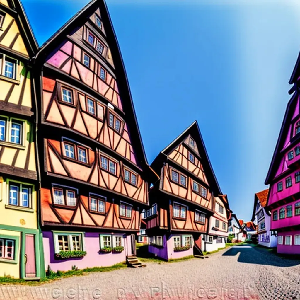 Prompt: A German town, broad light, Kodachrome, photograph, highly detailed, daytime, German timber frame houses, wide angle lens, vivid colors, pastel, picturesque, Bavarian cyberpunk