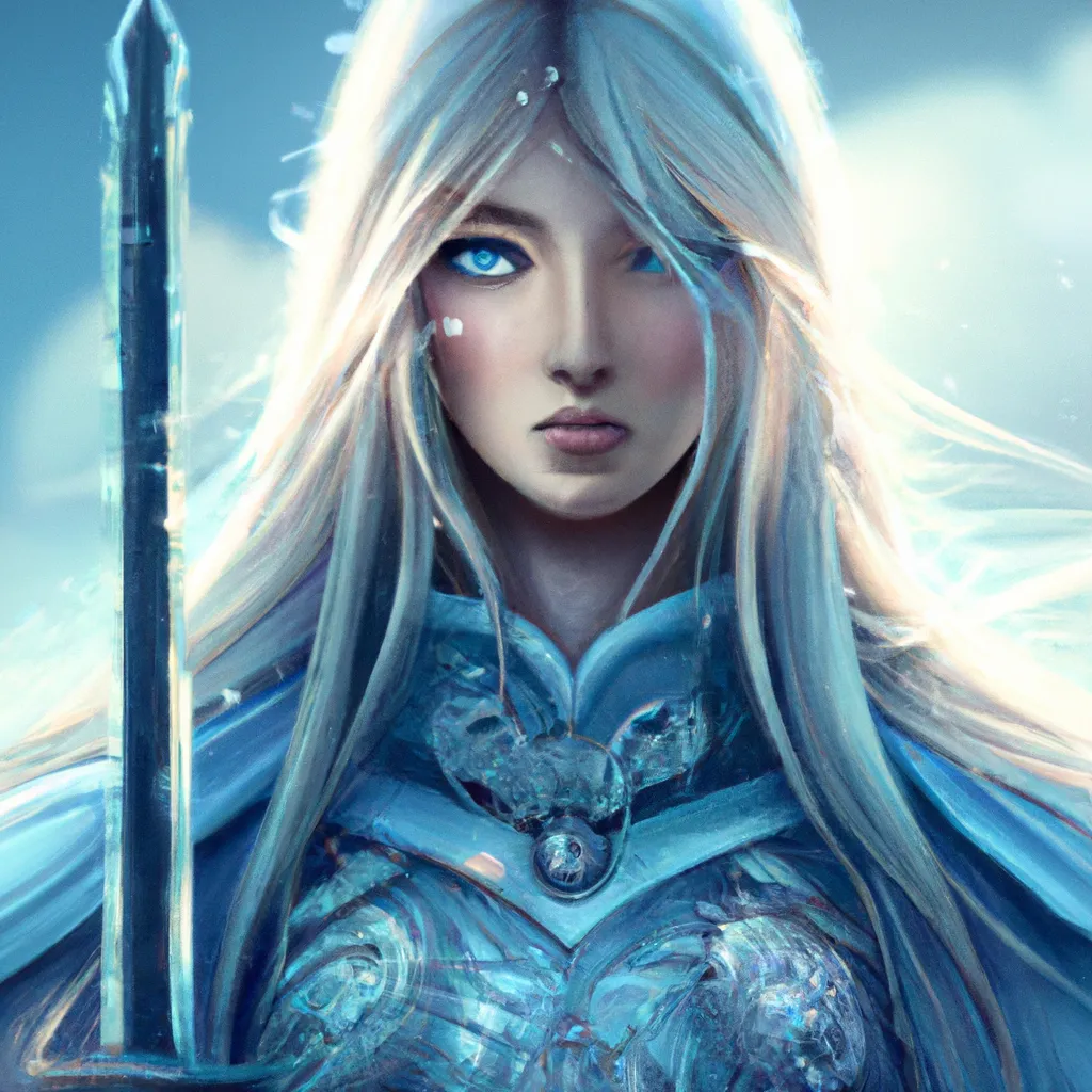 Prompt: portrait of a girl with long blond hair and blue eyes, ornate intricate silver battle armor, long blue mantel, intricate, elegant, highly detailed, digital painting, artstation, concept art, smooth, sharp focus, illustration