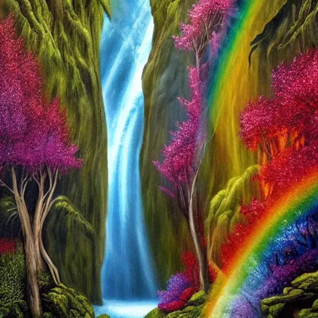 Prompt: a painting of a waterfall in the middle of a forest, an airbrush painting, by Michael James Smith, shutterstock contest winner, viscous rainbow paint, the grand temple of flowers, enchanted dreams. instagram, spectral evolution, inside a tall vetical room, nestor canavarro hyperrealist, ( ( ( rainbow ) ) ), beautiful - n 9, torrent