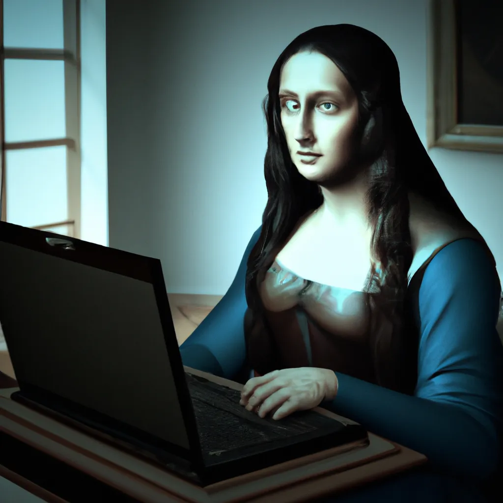 Prompt: Photo of the Mona Lisa working on a laptop, ray tracing, post processing